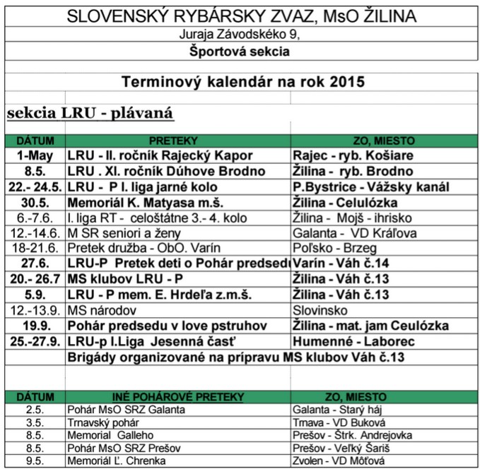 kalendár MO SRZ Žilina 2015